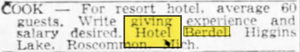 Hotel Berdel - Apr 1956 Cook Wanted